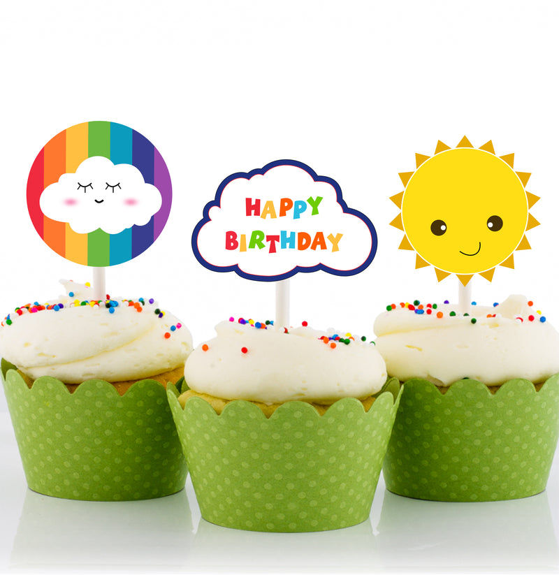 Rainbow Theme Birthday Party Cupcake Toppers for Decoration 