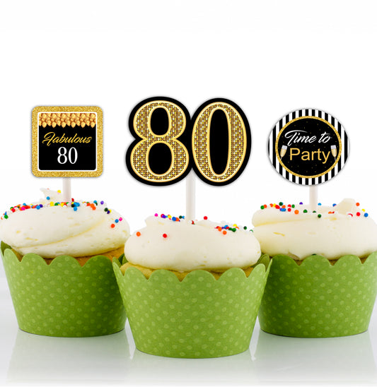 80th Birthday Party Cupcake Toppers for Decoration 