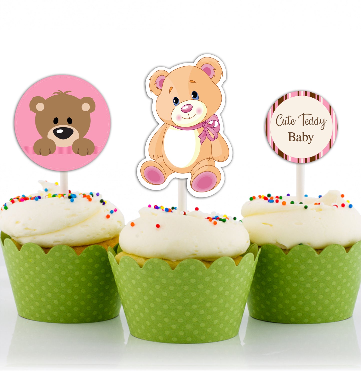 Cute Teddy Theme Welcome Baby Girl Cupcake Toppers for Decoration 