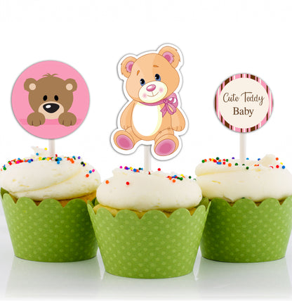 Cute Teddy Theme Welcome Baby Girl Cupcake Toppers for Decoration 