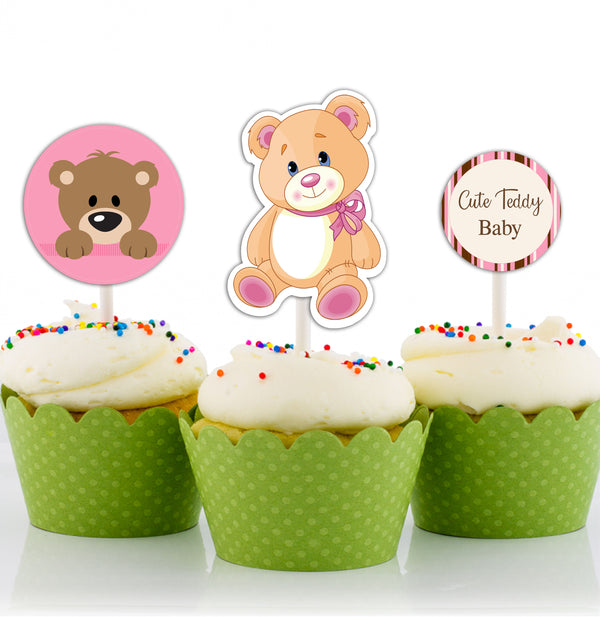 Cute Teddy Theme Welcome Baby Girl Cupcake Toppers for Decoration 