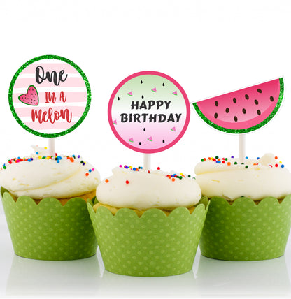 One In A Melon Theme Birthday Party Cupcake Toppers for Decoration 