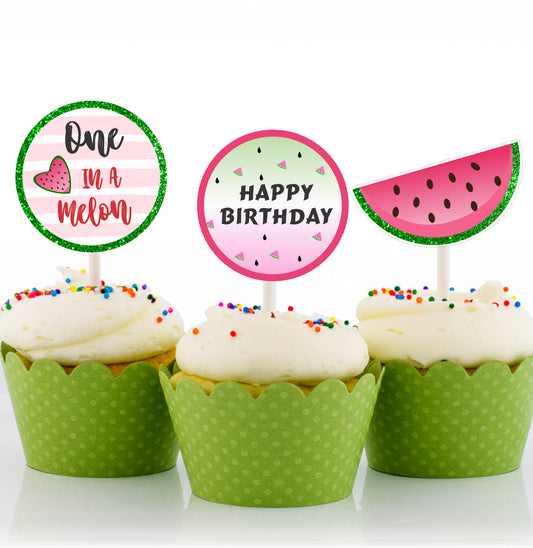 One In A Melon Theme Birthday Party Cupcake Toppers for Decoration 