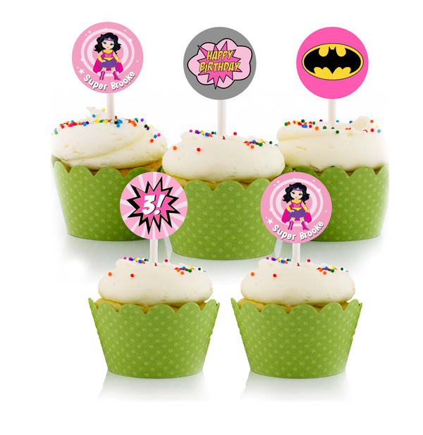Super Girl Theme Birthday Party Cupcake Toppers