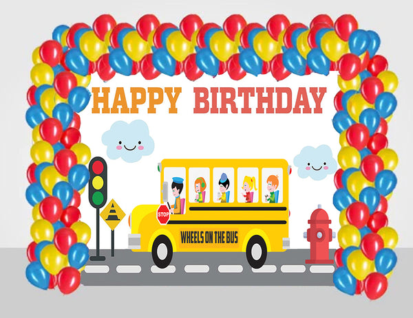 Wheels on the Bus Theme Birthday Party Decoration kit with Backdrop & Balloons