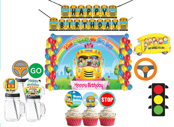 Wheels on the Bus Theme Birthday Party Combo Kit with Backdrop & Decorations