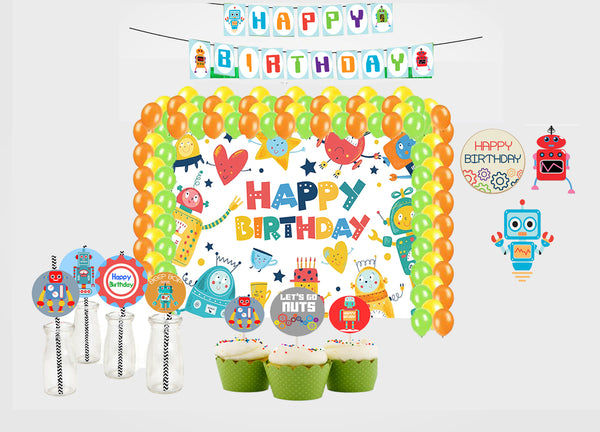 Robot Theme Birthday Party Combo Kit with Backdrop & Decorations