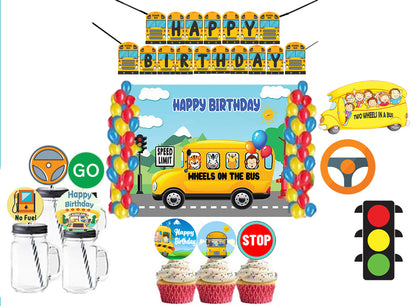 Wheels on the Bus Theme Birthday Party Combo Kit with Backdrop & Decorations
