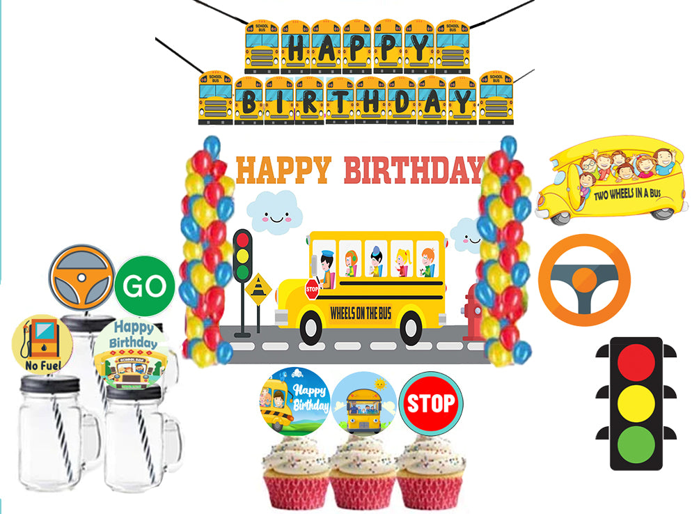 Wheels on the Bus Theme Birthday Party Combo Kit with Backdrop & Decorations