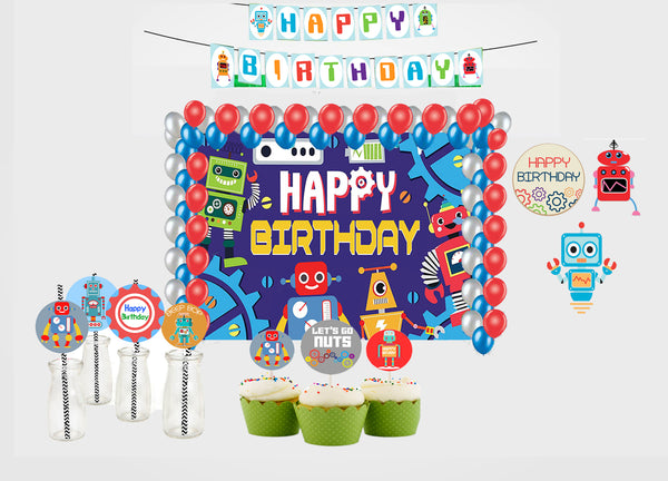 Robot Theme Birthday Party Combo Kit with Backdrop & Decorations