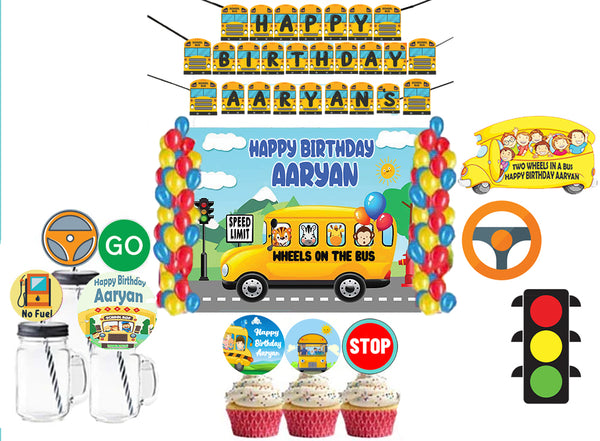 Wheels on the Bus Theme Birthday Party Combo Kit with Backdrop & Decorations