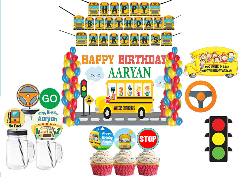 Wheels on the Bus Theme Birthday Party Combo Kit with Backdrop & Decorations