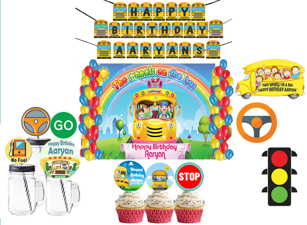 Wheels on the Bus Theme Birthday Party Combo Kit with Backdrop & Decorations
