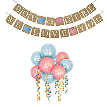 Boy Or Girl We Love You Banner, Its Girl And Its Boy Pink Blue Balloons Baby Shower Decoration