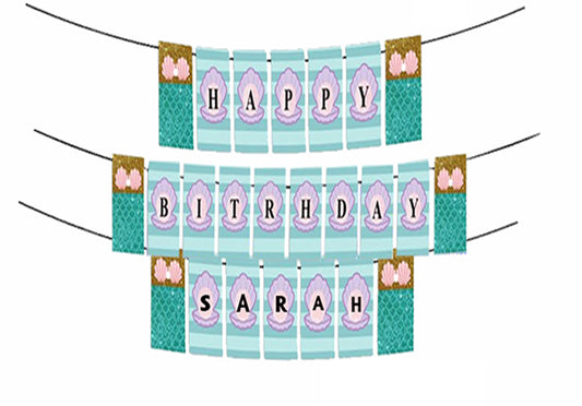 Personalized Mermaid- Girls Banner For Birthday Decoration I Happy Birthday Banner