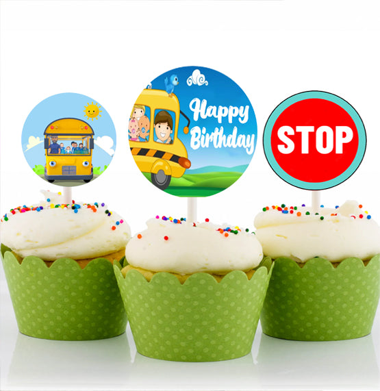 Wheels on the Bus Theme Birthday Party Cupcake Toppers