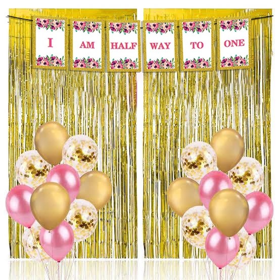 Half Birthday Girls-Pink Decoration Balloons Kit With Foil Curtain And Banner-Pack Of 63