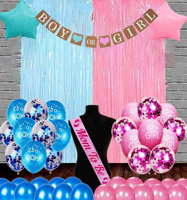 Baby Shower Decoration-Pink Blue Fringe Curtain ,Banner And Balloons(Pack Of 56)