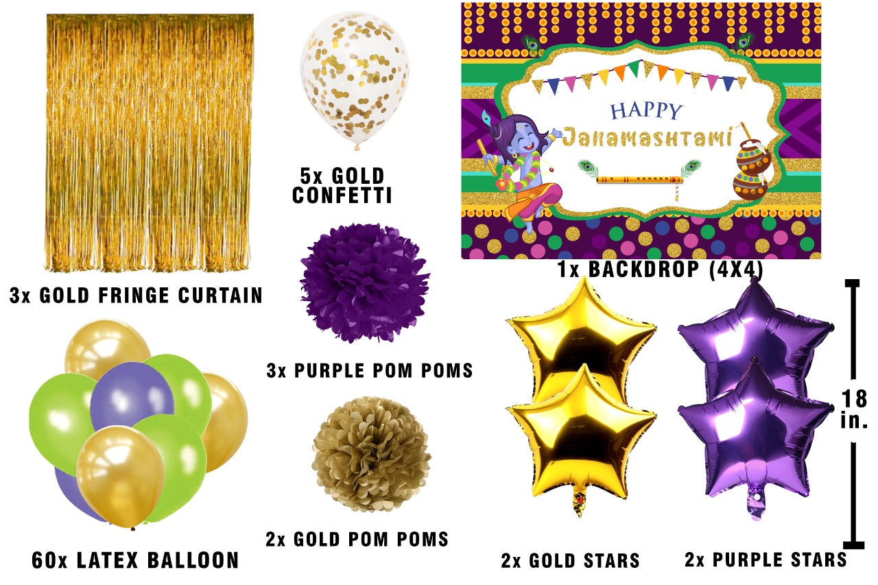 Krishna Theme /Janmashtami Complete Decoration Kit with Backdrop with Pom pom