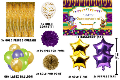 Krishna Theme /Janmashtami Complete Decoration Kit with Backdrop with Pom pom