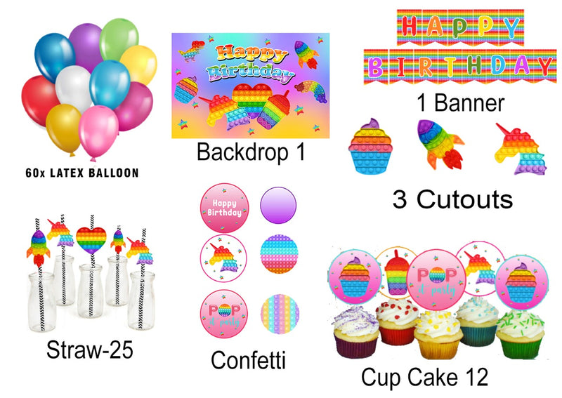 Pop It Theme Birthday Complete Party Kit with Backdrop & Decorations