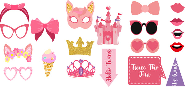 Twin Girls Theme Birthday Party Photo Booth Props Kit