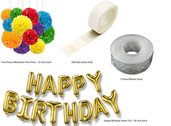 Theme My Party Paper Pom Pom, Happy Birthday Foil, Glue Dot and Strip to complete your decoration