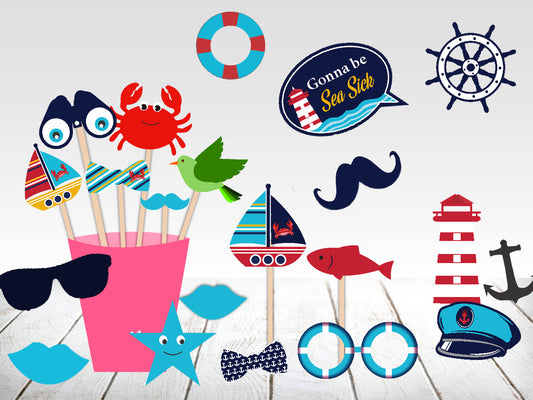 Nautical Ahoy  Theme Birthday Party Photo Booth Props Kit