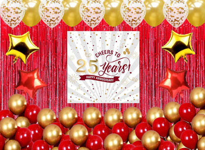Cheers to 25th Party Decorations Complete Set for Anniversary Party -Backdrop & Decorations Kit Pump Glue Dot & Balloon Strip