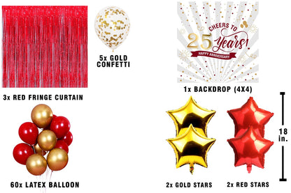 Cheers to 25th Party Decorations Complete Set for Anniversary Party -Backdrop & Decorations Kit Pump Glue Dot & Balloon Strip