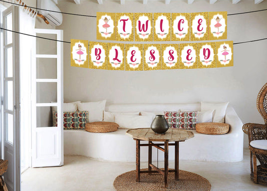 Twin Girls Theme Twice Blessed Birthday Party Banner for Decoration