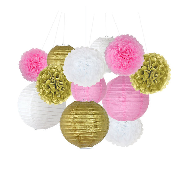 Pink White And Gold White Tissue Paper Pom Poms And Paper Lanterns Decoration