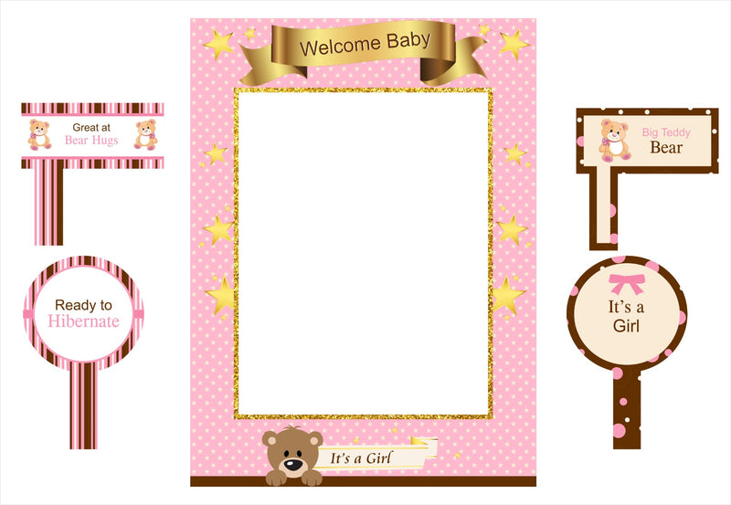 Cute Teddy Theme Welcome Baby Girl Selfie Photo Booth Frame & Props