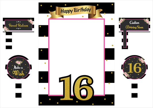 16th Birthday Party Selfie Photo Booth Frame & Props