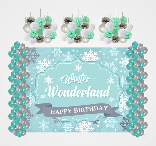 Winter Wonderland Theme Birthday Party Decoration Kit with Backdrop & Balloons