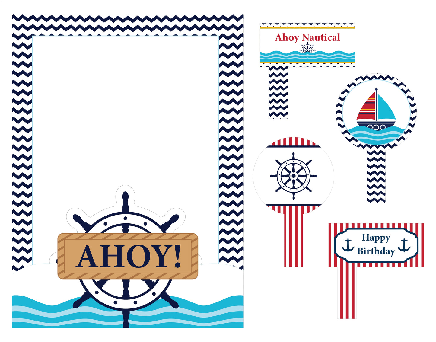 Nautical Ahoy  Theme Birthday Party Selfie Photo Booth Frame & Props