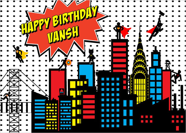 Personalize Superhero Birthday Party Backdrop Banner