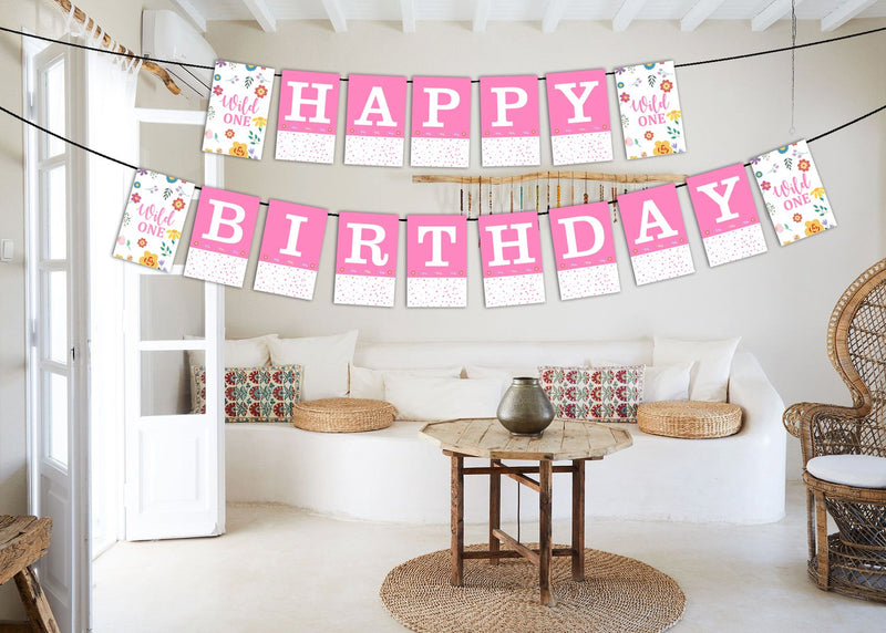 Personalized Wild One Pink Banner For Birthday Decoration I Happy Birthday Banner