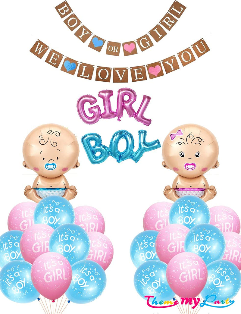 Boy Or Girl We Love You  25 pcs Baby Shower Decoration Combo for Banner and Metallic Blue, Pink Balloons and Foil Balloons