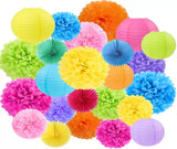 Multi Color Tissue Paper Pom Poms, Paper Fans And Paper Lanterns