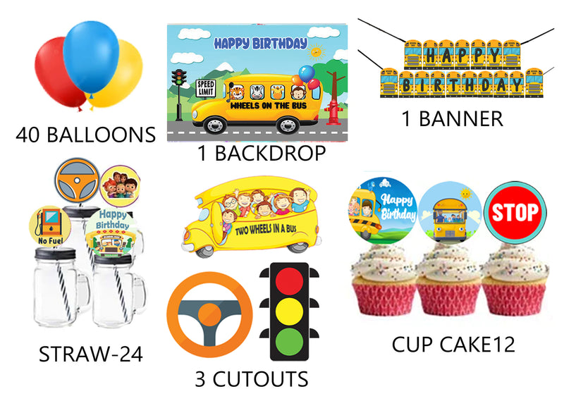 Wheels on the Bus Theme Birthday Party Combo Kit with Backdrop & Decorations