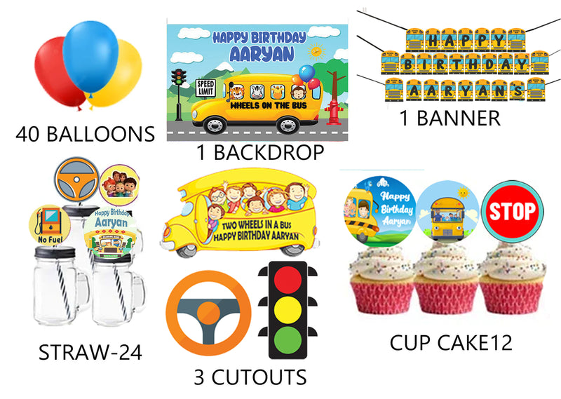 Wheels on the Bus Theme Birthday Party Combo Kit with Backdrop & Decorations