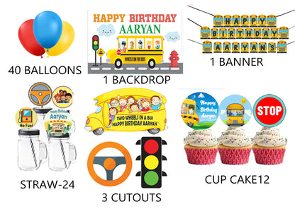 Wheels on the Bus Theme Birthday Party Combo Kit with Backdrop & Decorations