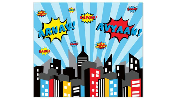 Personalize Super Hero Birthday Party Backdrop Banner