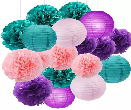 Tissue Paper Pom Poms And Paper Lanterns -Pink ,Green And Purple