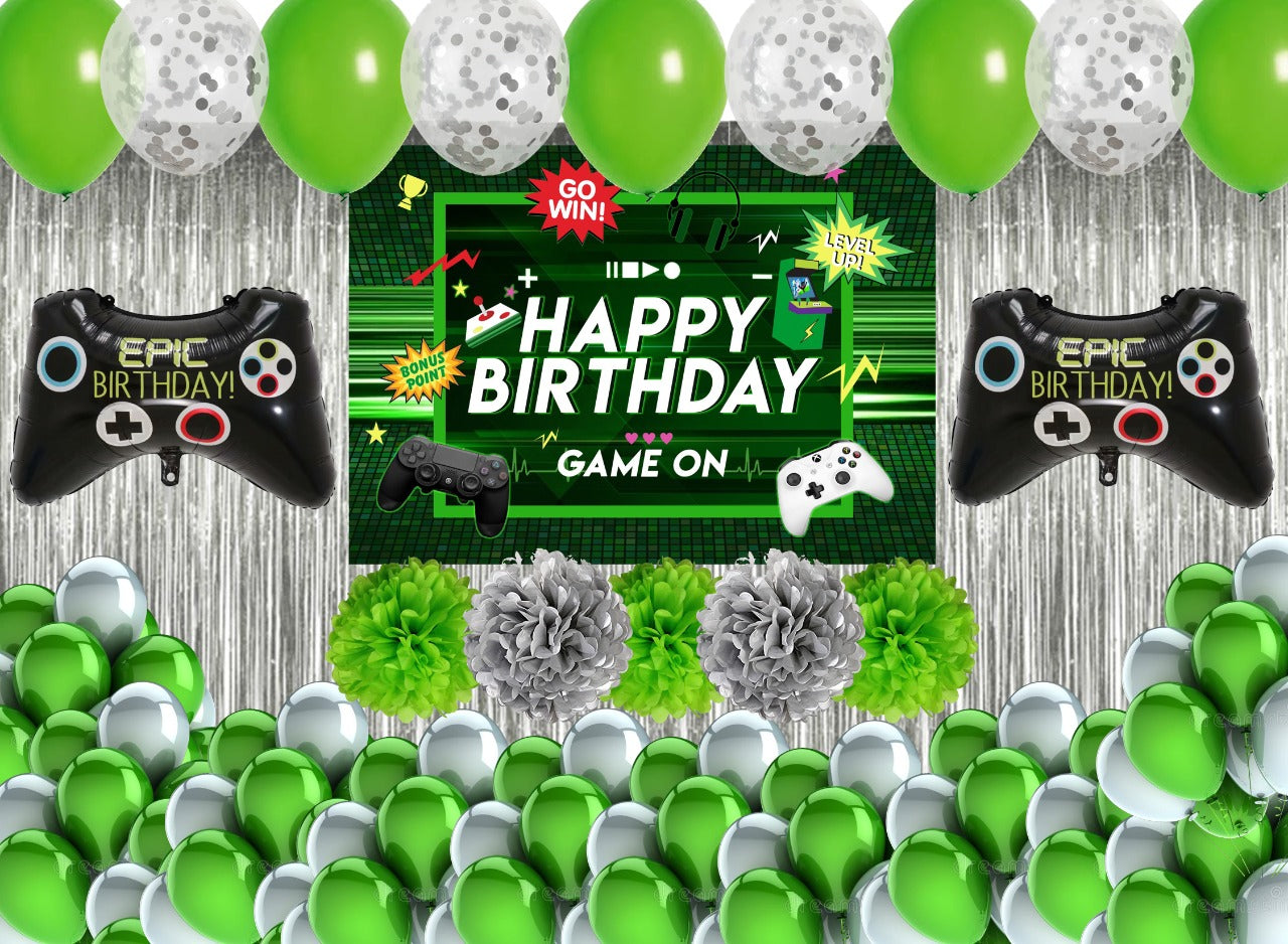 Game On Birthday Party Decorations Complete Set for Boys Birthday Party -Backdrop & Decorations Kit with  Pom Pom Pump Glue Dot & Balloon Strip