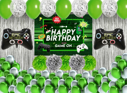 Game On Birthday Party Decorations Complete Set for Boys Birthday Party -Backdrop & Decorations Kit with  Pom Pom Pump Glue Dot & Balloon Strip