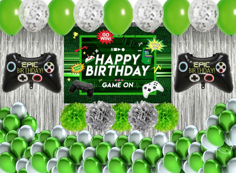 Game On Birthday Party Decorations Complete Set for Boys Birthday Party -Backdrop & Decorations Kit with  Pom Pom Pump Glue Dot & Balloon Strip