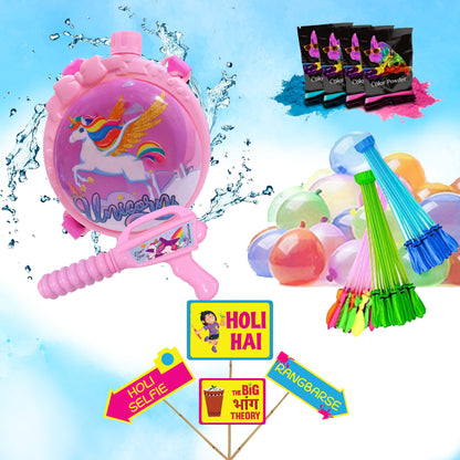 Holi Party Combo-Unicorn Water Gun ,Water Balloons, Gulal and Props