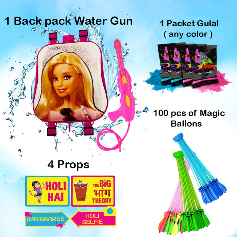 Holi Party Combo-Barbie Water Gun ,Water Balloons, Gulal and Props